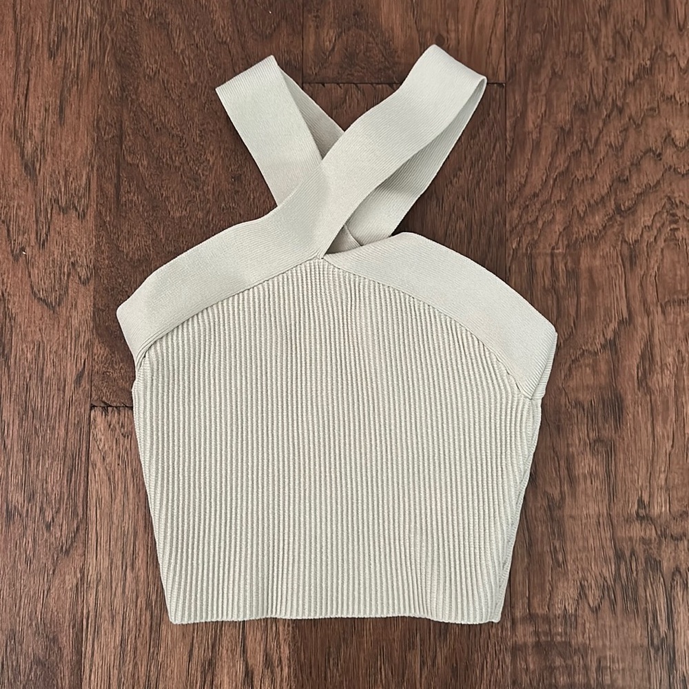 Aritzia Babaton cropped sculpt knit criss crossed tank matte pearl xs